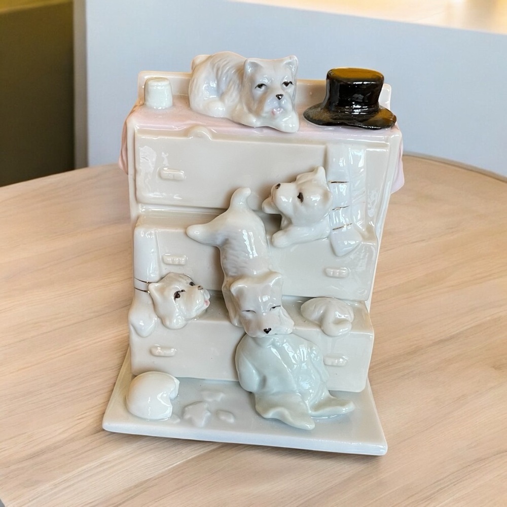 Vintage 1980’s Porcelain Figurine-White Pups Playing on Dresser-“Morning Rush”